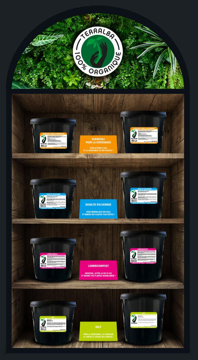 présentation produits Terralba sur étagère présentation produits Terralba sur étagère